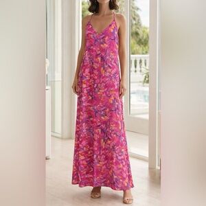 Nicole Miller Pink Magenta Floral Racerback Maxi Dress Large wearable art